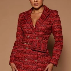 Fashion Nova She's The Boss Tweed Blazer Dress Set - Red/combo