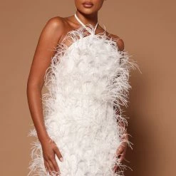 Fashion Nova Feeling Expensive Feather Mini Dress - White