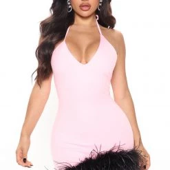 Fashion Nova Ari Feather Mini Dress - Pink/combo