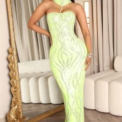 Fashion Nova Red Carpet Icon Embellished Maxi Dress - Neon Yellow