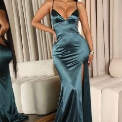 Fashion Nova Cassidy Satin Maxi Dress - Hunter