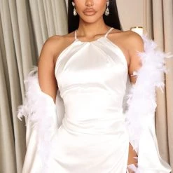 Fashion Nova Flashing Cameras Satin Feather Gown Set - White
