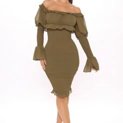 Fashion Nova Kiss Me Smocked Midi Dress - Olive