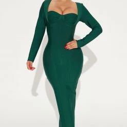 Fashion Nova Always Good Long Sleeve Bandage Midi Dress - Hunter