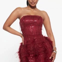 Fashion Nova Call Me Feather Sequin Mini Dress - Burgundy