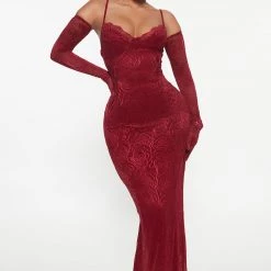 Fashion Nova Romance Glove Dress Set - Burgundy