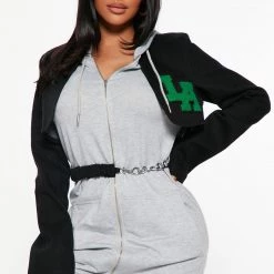 Fashion Nova All Smiles Hooded Mini Dress - Grey/Black