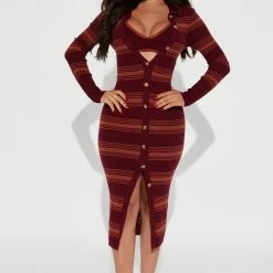 Fashion Nova Chill Day Sweater Midi Dress Set - Wine/combo