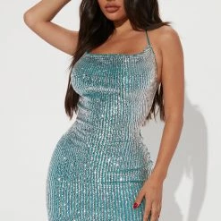 Fashion Nova Couple Of Martinis Sequin Mini Dress - Aqua