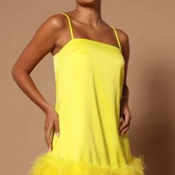 Fashion Nova Lilah Feather Trim Square Neck Mini Dress - Yellow