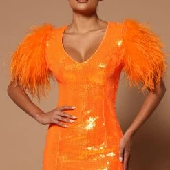 Fashion Nova Amina Sequin Feathered Mini Dress - Orange