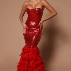 Fashion Nova Julianne Feather Sequin Maxi Dress - Red