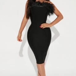 Fashion Nova Serena Bandage Feather Midi Dress - Black