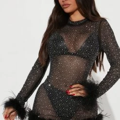 Fashion Nova Heather Embellished Mini Dress - Black