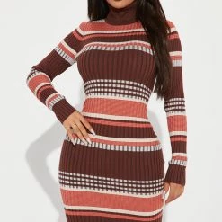 Fashion Nova Savy Striped Midi Dress - Brown/combo