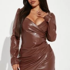 Fashion Nova Airenna Faux Leather Mini Dress - Brown
