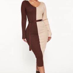 Fashion Nova Autumn Calls Colorblock Sweater Midi Dress - Chocolate/Combo