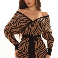 Fashion Nova Free To Roam Zebra Sweater Dress - Brown/combo