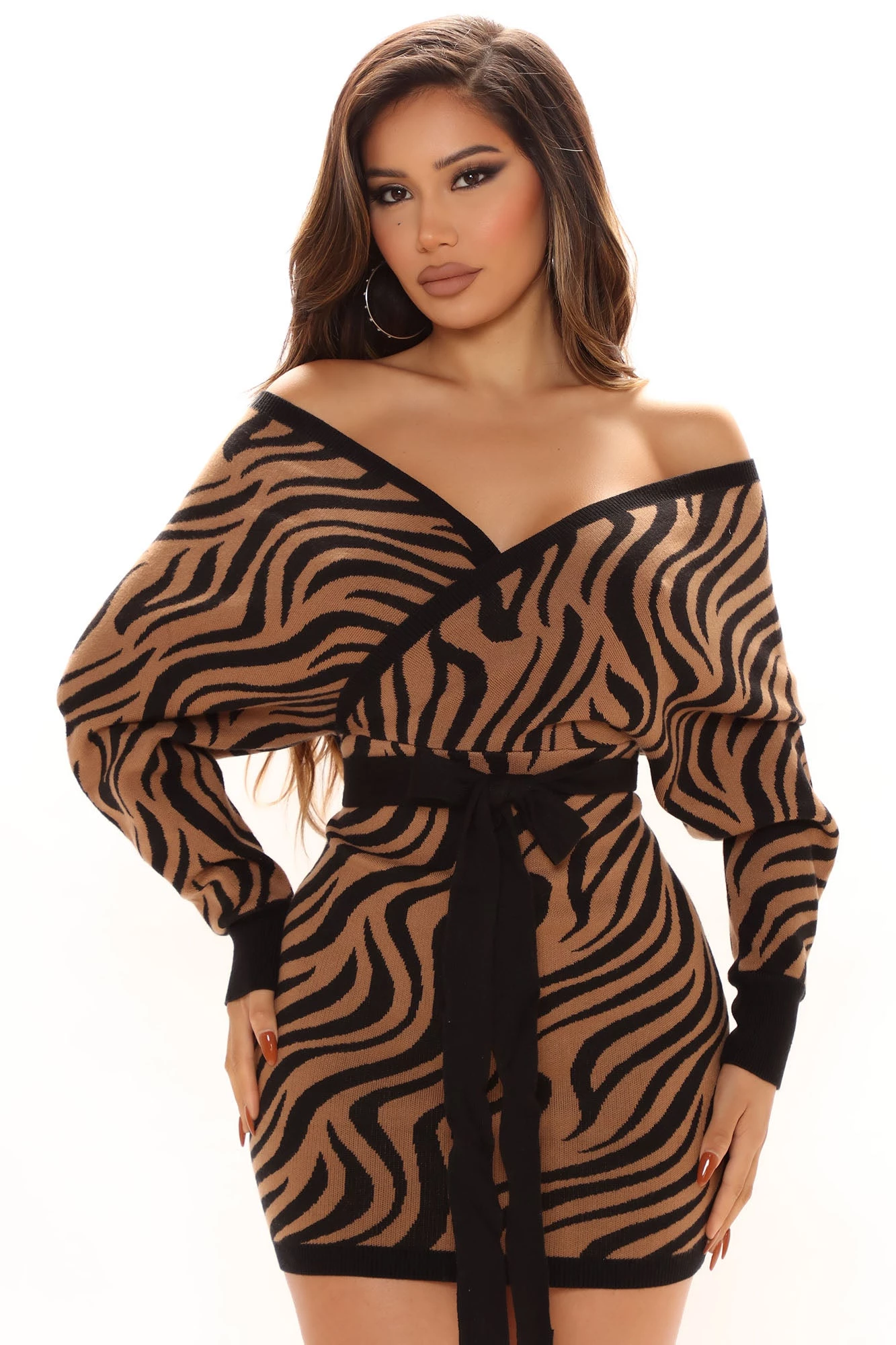 Fashion Nova Free To Roam Zebra Sweater Dress - Brown/combo 3 Fashion Nova Free To Roam Zebra Sweater Dress - Brown/combo
