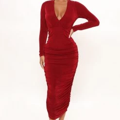 Fashion Nova Fine Wine Ruched Midi Dress - Wine