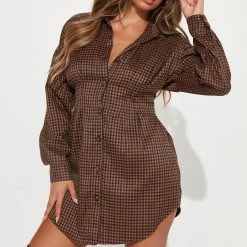 Fashion Nova Central Park Shirt Dress - Brown/combo