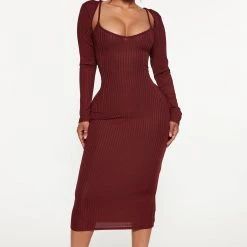 Fashion Nova Sasha Ribbed Midi Dress - Wine