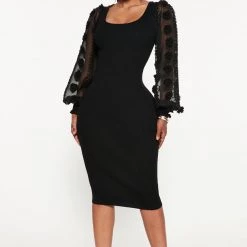 Fashion Nova Heart Flutter Sweater Midi Dress - Black