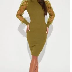 Fashion Nova Sheer Luck Sweater Midi Dress - Green
