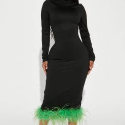 Fashion Nova Farrah Feather Midi Dress - Black