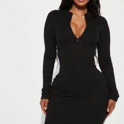 Fashion Nova Heather Ribbed Midi Dress - Black