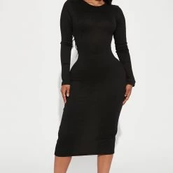 Fashion Nova Monika Ribbed Midi Dress - Black