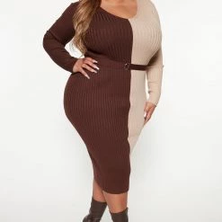 Fashion Nova Autumn Calls Colorblock Sweater Midi Dress - Chocolate/Combo -fashion nova dresses Shop 08 24 22Studio3 KS DJ 10 31 11 11 RDAA6771FN ChocolateComb0 2326 PLUS PB