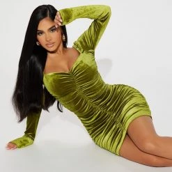 Fashion Nova Give My Love Velvet Mini Dress - Chartreuse