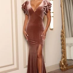 Fashion Nova Cleo Velvet Maxi Dress - Mocha