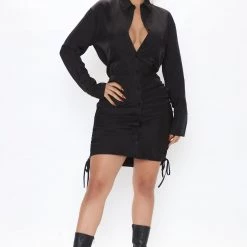 Fashion Nova Wisdom Ruched Shirt Dress - Black