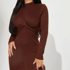 Fashion Nova Rinna Ribbed Mini Dress - Brown