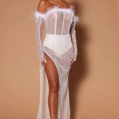 Fashion Nova Cheri Sequin Mesh Feather Trim Maxi Dress - White