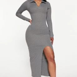 Fashion Nova Cali Ribbed Maxi Dress - Charcoal