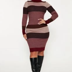 Fashion Nova Becca Sweater Midi Dress - Burgundy/combo