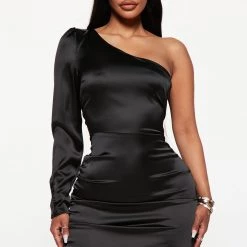 Fashion Nova Rosie Satin Mini Dress - Black