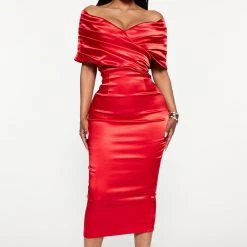 Fashion Nova She's Elegant Satin Midi Dress - Red