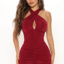 Fashion Nova Pucker Up Ruched Mini Dress - Wine
