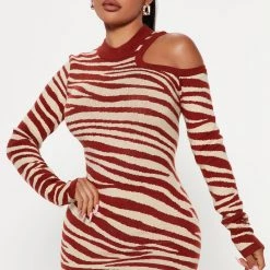 Fashion Nova Wild Soul Sweater Mini Dress - Rust/combo