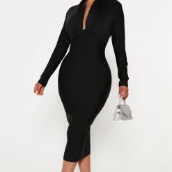 Fashion Nova Classic Long Sleeve Bandage Midi Dress - Black