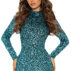Fashion Nova Late At Night Sequin Mini Dress - Turquoise