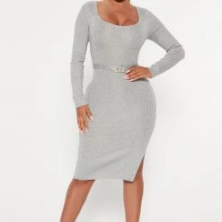 Fashion Nova Loop Me In Belted Sweater Dress - Heather Grey