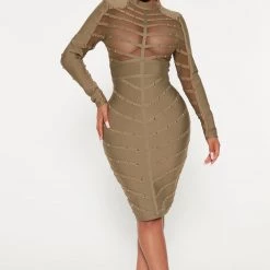 Fashion Nova Attention Please Bandage Midi Dress - Olive