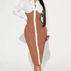 Fashion Nova Let's Get Serious Midi Shirt Dress - White/combo
