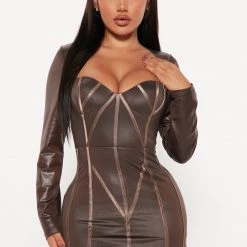 Fashion Nova Margot Faux Leather Mini Dress - Brown