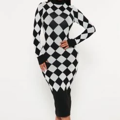 Fashion Nova Check On Me Sweater Dress - Black/White
